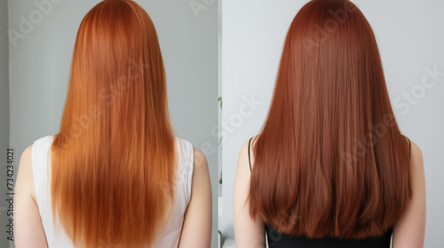 Hair before and after treatment, sick, cut and healthy hair.