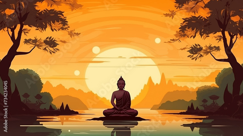 Serene Buddha silhouette against vibrant sunset, symbolizing peace and enlightenment © Adin