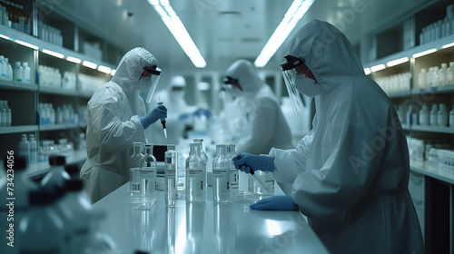 Team of Research Scientists in Sterile Suits Working with Industrial Machinery in the Laboratory
