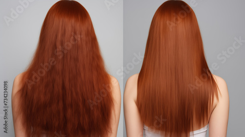 Red hair before and after treatment, sick, cut and healthy hair.