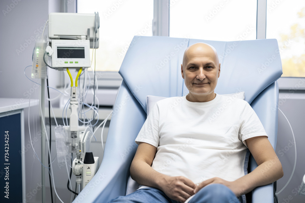 Cancer patient Bald man smiling in hospital bed, drip stand in background, conveying hope and positivity. Concept desire for life, treatment of fatal disease
