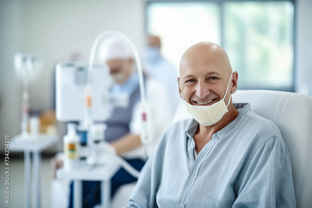 Cancer patient Mature bald man smile wearing mask and gown in a clinical setting, showing compliance and resilience. Cancer patient Mature bald man smile wearing mask and gown in a clinical setting, showing compliance and resilience.