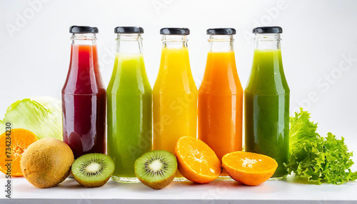 Five bottles of natural vegetable or fruit juices with on white background 