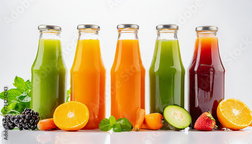 Five bottles of natural vegetable or fruit juices with on white background