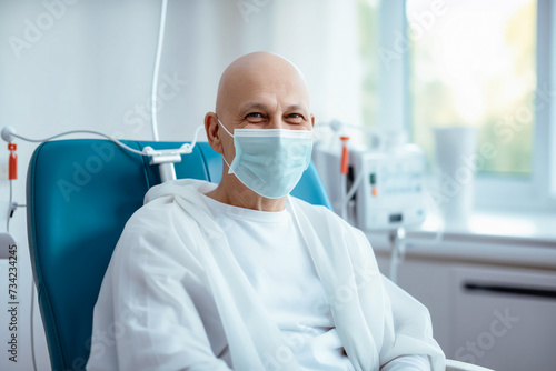 Cancer patient Mature bald man smile wearing mask and gown in a clinical setting  showing compliance and resilience.