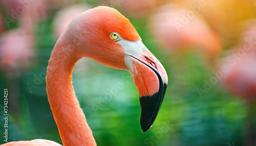 flamingo close up portrait in the nature blurred green background .