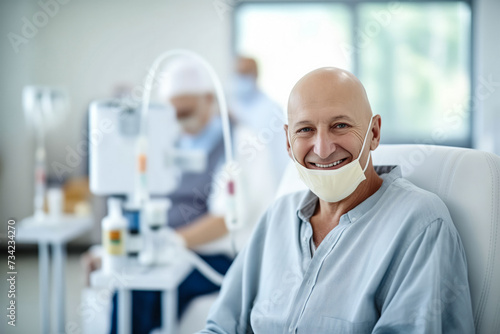 Cancer patient Mature bald man smile wearing mask and gown in a clinical setting, showing compliance and resilience.