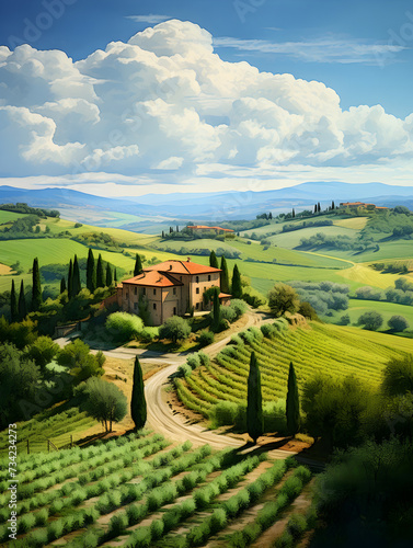 Landscape view of Italian Tuscany countryside panorama with olive trees and old farmhouses