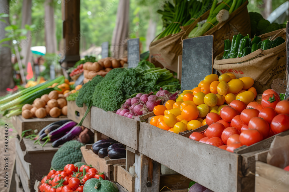 Fresh organic fruits and vegetables at farmers market. Generative AI