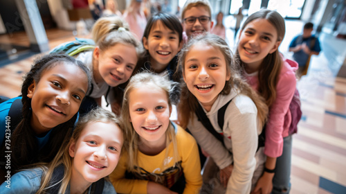 Portrait of smiling schoolchildren standing together in corridor at elementary school © Argun Stock Photos