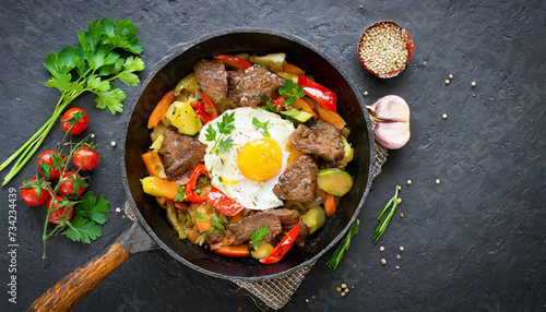 Fried egg, beef and vegetables in a pan, top view.  