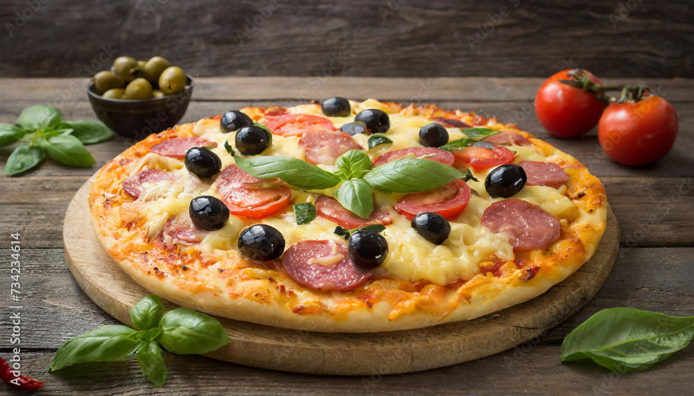 Italian pizza with salami olives and tomatoes on wooden background. Italian pizza with salami olives and tomatoes on wooden background.