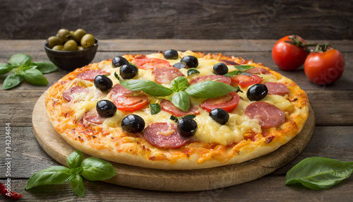 Italian pizza with salami olives and tomatoes on wooden background. 