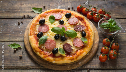 Italian pizza with salami olives and tomatoes on wooden background.  