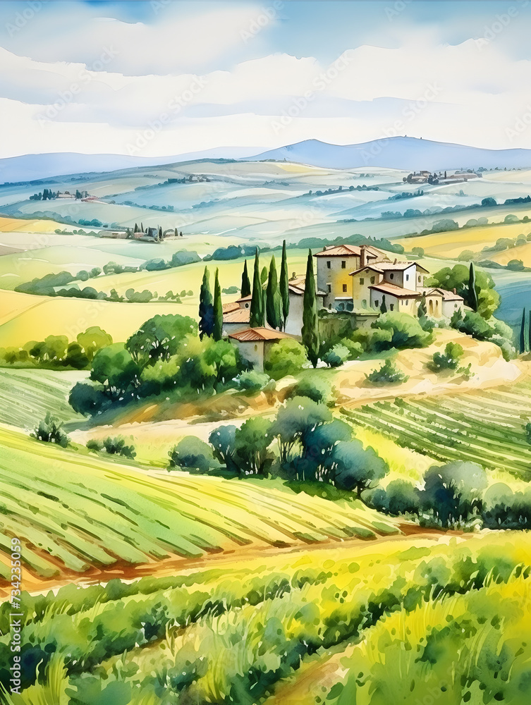 Watercolor illustration landscape view of Italian Tuscany countryside panorama with olive trees, old farmhouses