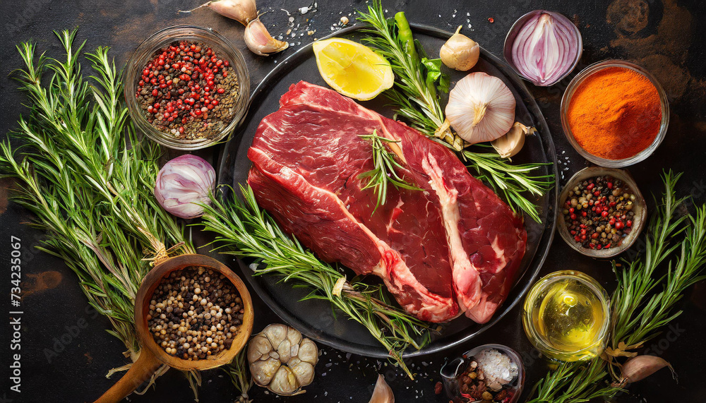 Raw beef and fresh ingredients for bbq. Raw beef and fresh ingredients for bbq.