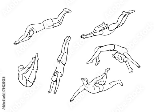 Hand drawn doodle outline se with diving people. Black contour collection of women and men swimming or jumping in water. Sketch isolated drawings on white background for coloring pages, tattoo