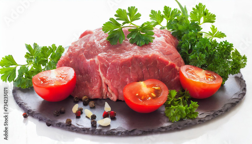 Raw beef with tomatoes and parsley on a white background. 