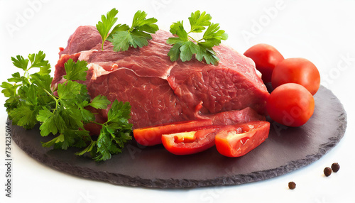 Raw beef with tomatoes and parsley isolated over white background. 