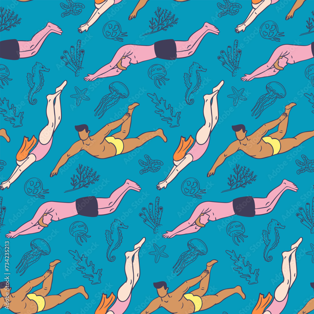 Pattern with human bodies diving in sea water. Active lifestyle concept. Flat hand drawn male and female silhouettes with sea creatures. Trendy print design for textile, wallpaper, wrapping