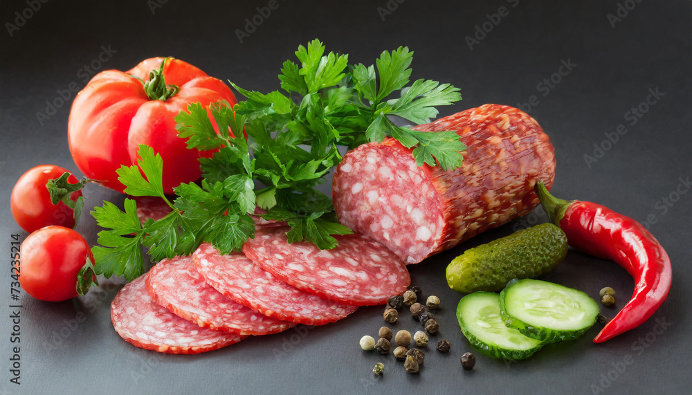 Sliced salami on board with paper and fresh tomatoes. Sliced salami on board with paper and fresh tomatoes.