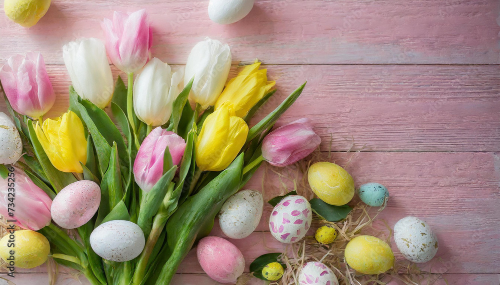 Spring bouquet of yellow pink and white tulips on a pink wooden pastel background with easter eggs.