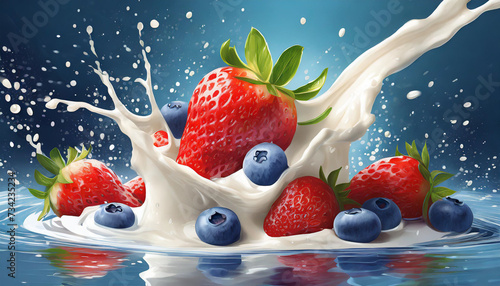 Splash of milk or cream with fresh strawberries and blueberries. 