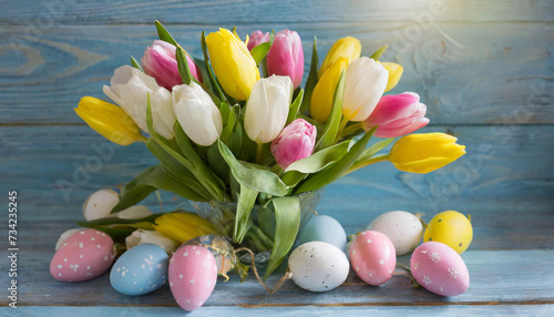 Spring bouquet of yellow pink and white tulips on a blue wooden background with easter eggs.