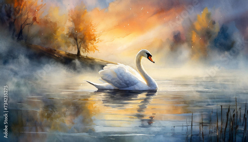  Swans by sunrise and morning fog on the lake.