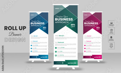 Creative roll up stand retractable banner for business events, marketing presentations, pull up banners for x stands with print ready design template.