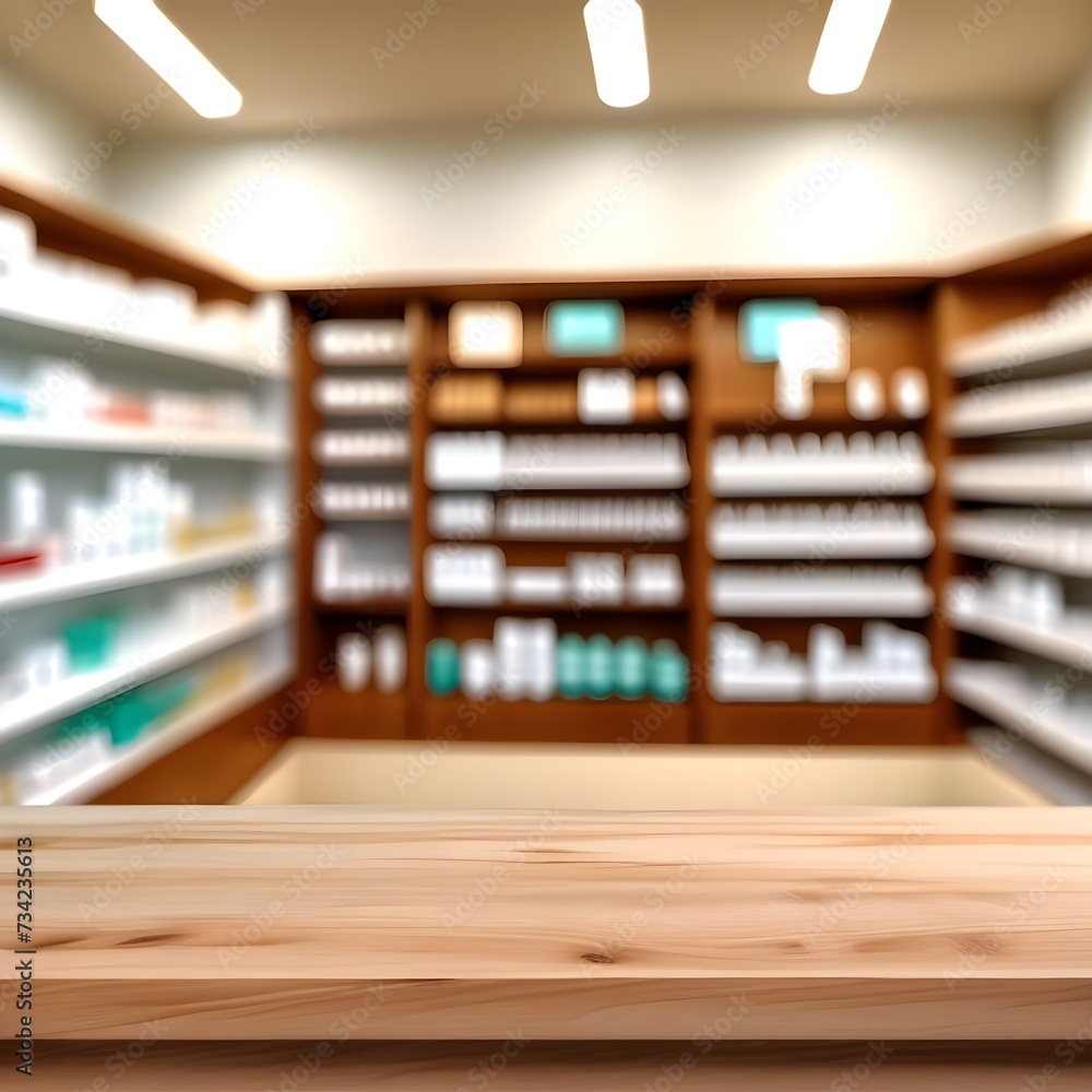 Wooden counter with blurred pharmacy background. Table in the foreground for displaying products.