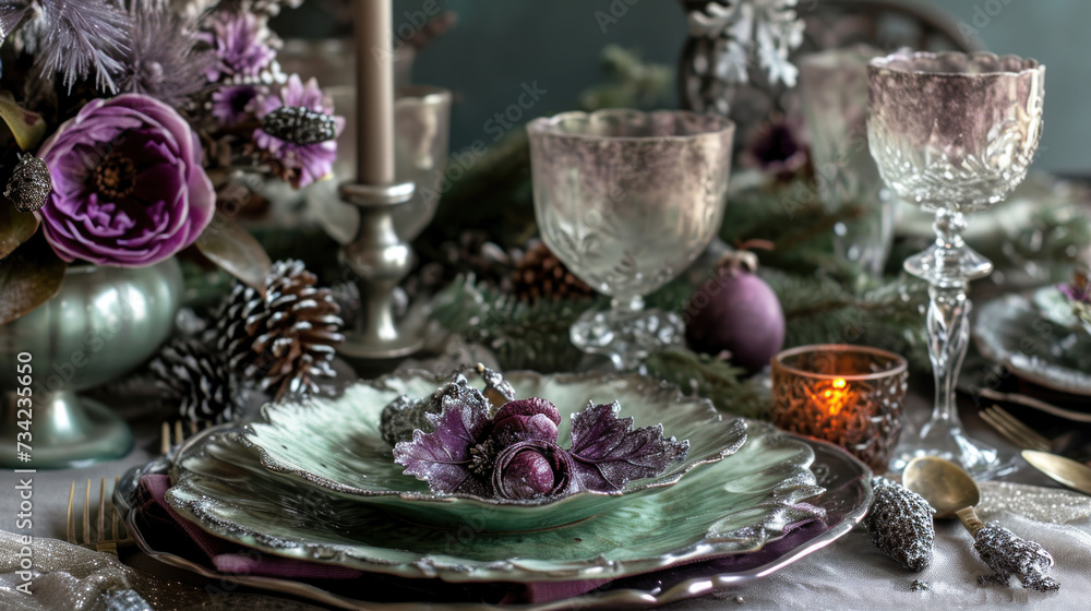  a close up of a plate on a table with a candle and a christmas tree in the background with purple flowers and pine cones in the center of the table.