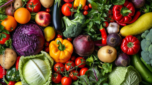 A vibrant  colorful assortment of fresh vegetables including tomatoes  carrots  bell peppers  and leafy greens  representing a healthy and nutritious selection of produce.