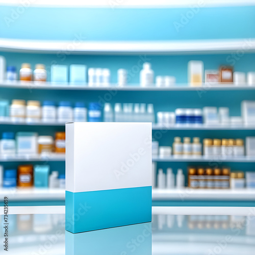 Counter with Product. Blurred pharmacy background. Table in the foreground for product display.