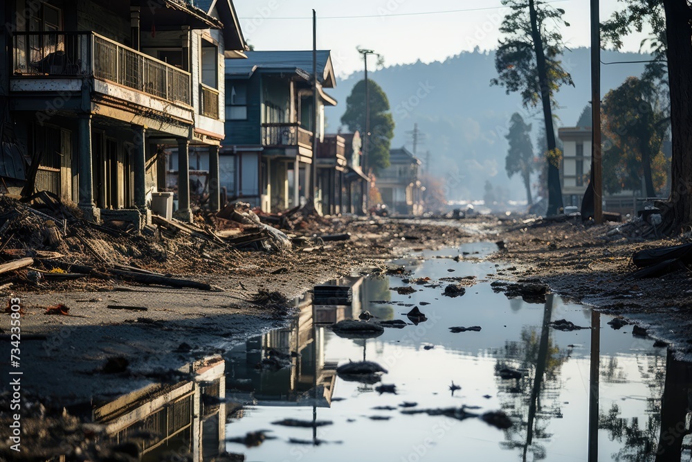 Coastal after tsunami wreckage and flood., generative IA