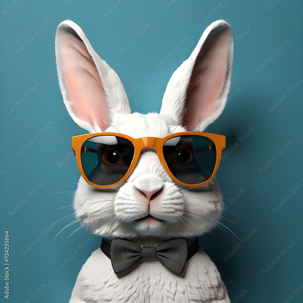 Nonsense surreal image: friendly rabbit wearing sunglasses. AI generated image.