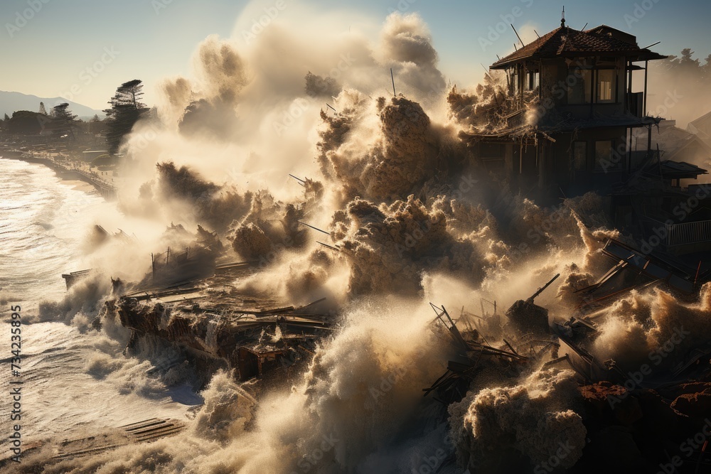 Seaside destruction Tsunami hits buildings., generative IA