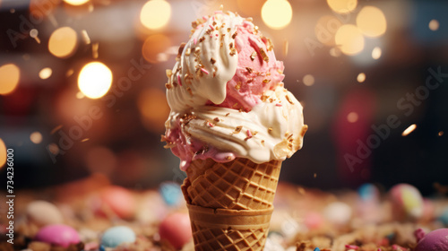 White-pink ice cream cone on a blurred background with glares, generative AI