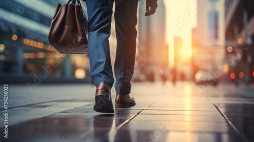 Businessman walking in the city at sunset. Concept of success.