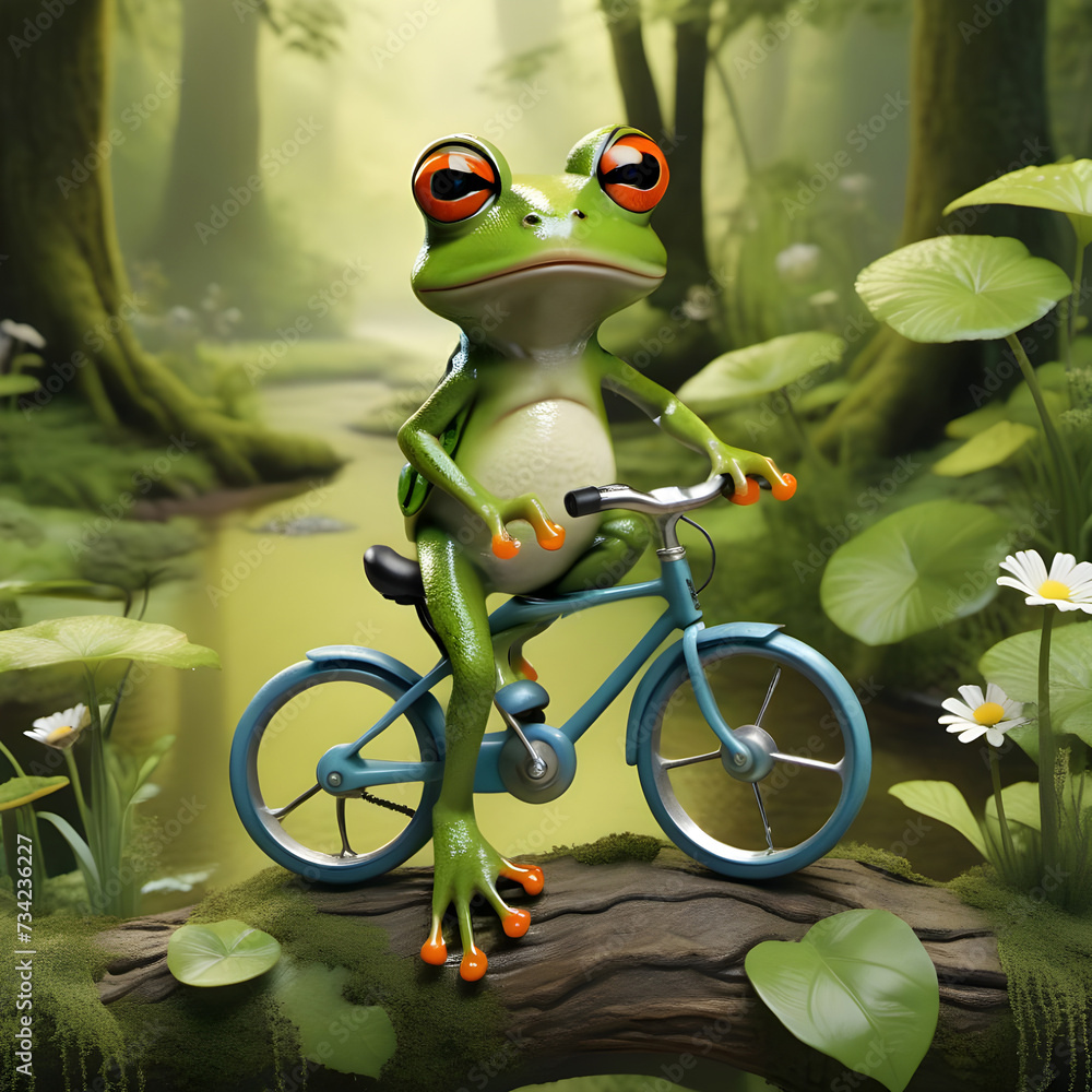 Surreal nonsense image: frog riding a bike and wearing sunglasses. AI generated image.