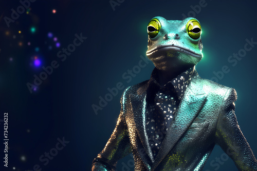 Creative animal concept. Frog toad in disco neon glitter glam shiny glow sequin outfit, copy text space. commercial, editorial advertisement party invitation invite, surreal surrealism