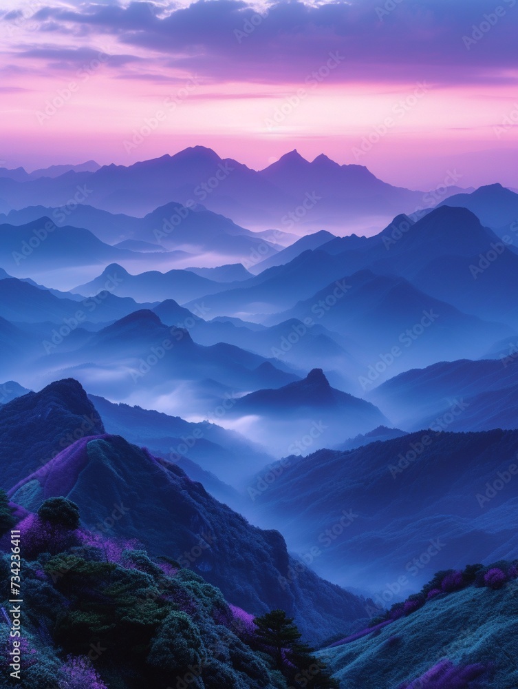 Mountain landscape at sunset in the misty morning. AI.