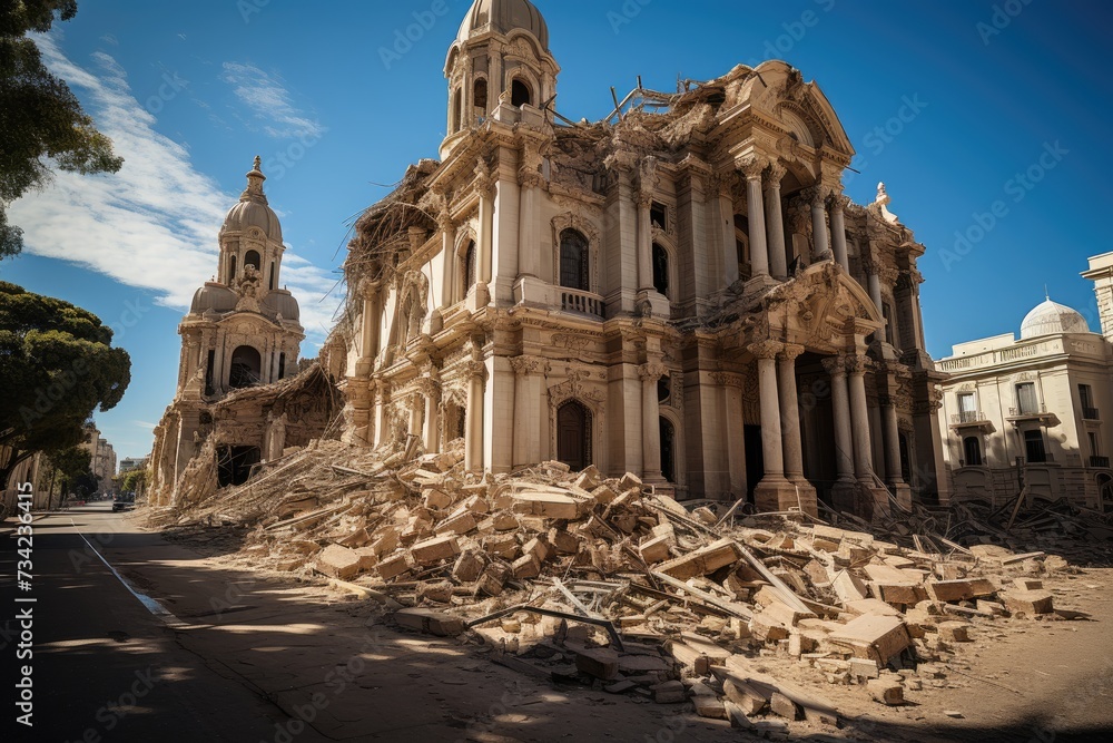 Historical building damaged by earthquake, ongoing restoration., generative IA