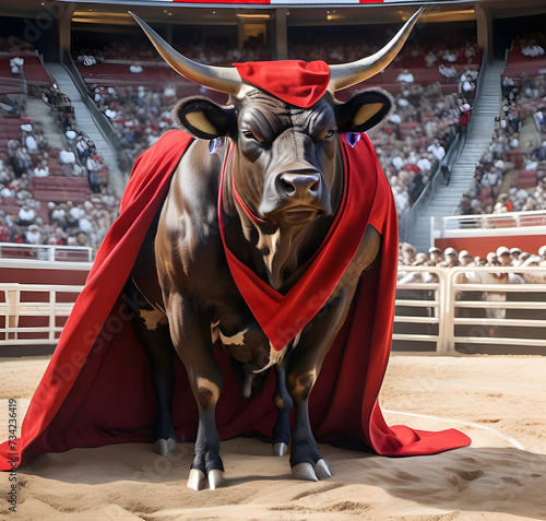 Nonsense surreal image: Bull beating bullfighter. Bull wearing a red cloak in an arena. AI generated image.