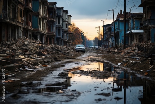 Devastated city with buildings and damaged roads., generative IA © JONATAS