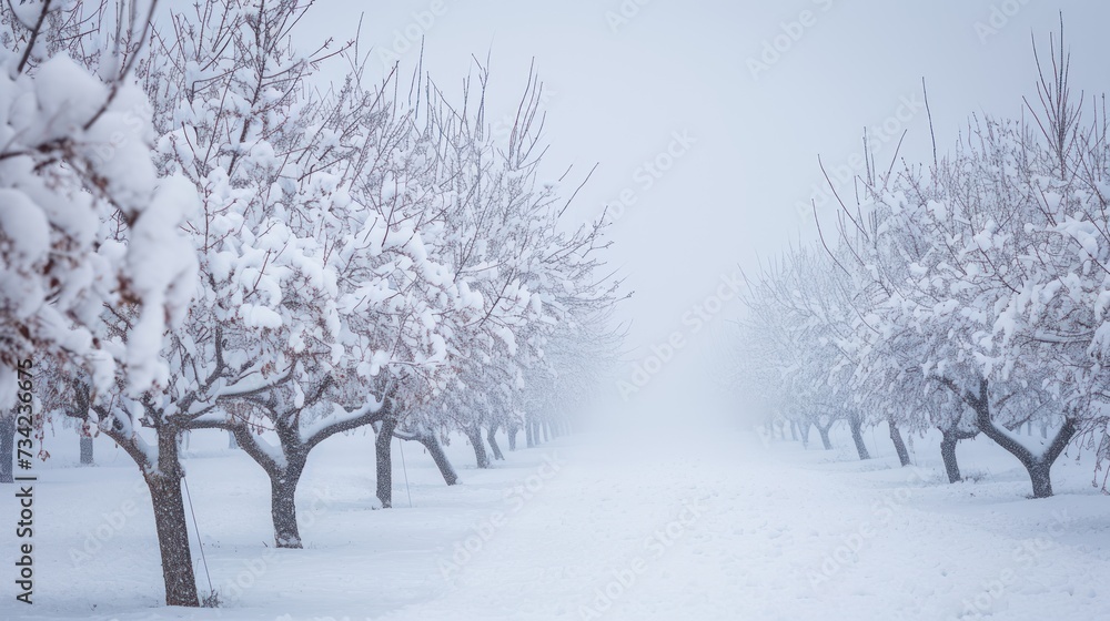 a row of trees covered in snow next to a forest filled with lots of trees covered in snow and surrounded by a line of snow covered trees on both sides. a row of trees covered in snow next to a forest filled with lots of trees covered in snow and surrounded by a line of snow covered trees on both sides.
