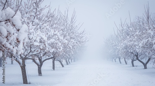  a row of trees covered in snow next to a forest filled with lots of trees covered in snow and surrounded by a line of snow covered trees on both sides. © Olga