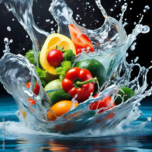 Multiple vegetables splash on top of water with black background fruit photography. colorful fruits splashed in the water