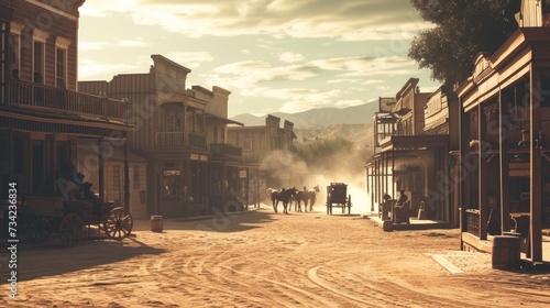 A captivating scene of a Western town at sunset, featuring horse-drawn carriages and vintage storefronts bathed in a dusty golden light. Resplendent. photo
