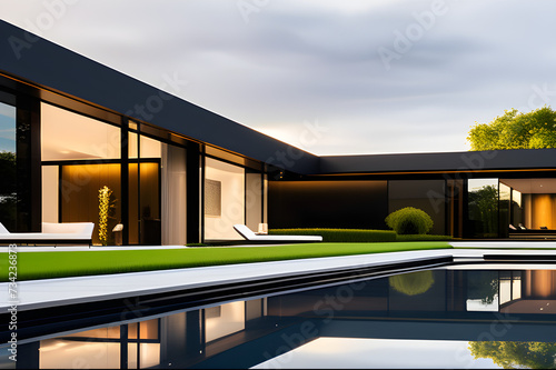 Elegance in Simplicity: A Minimalist Luxury House, Its Stark Black Structure Providing a Striking Contrast Against the Vivid Greenery of Its Surroundings